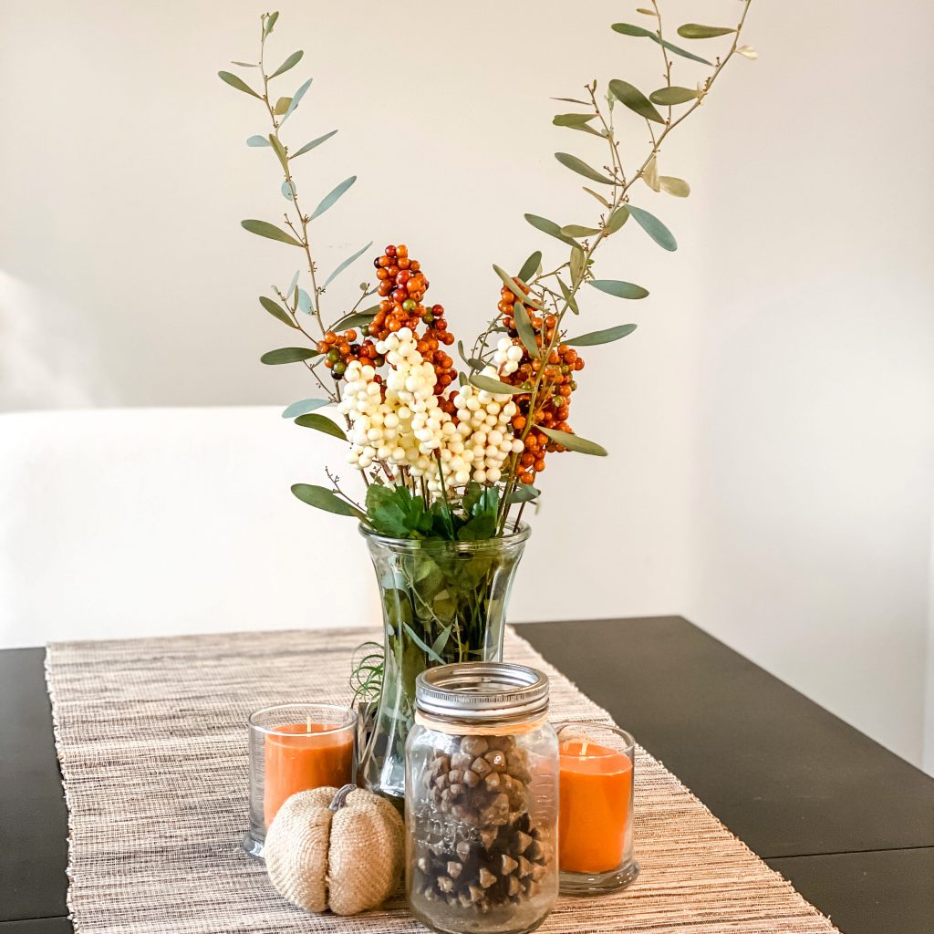 Fall Decor centerpiece using found materials and Dollar Tree items