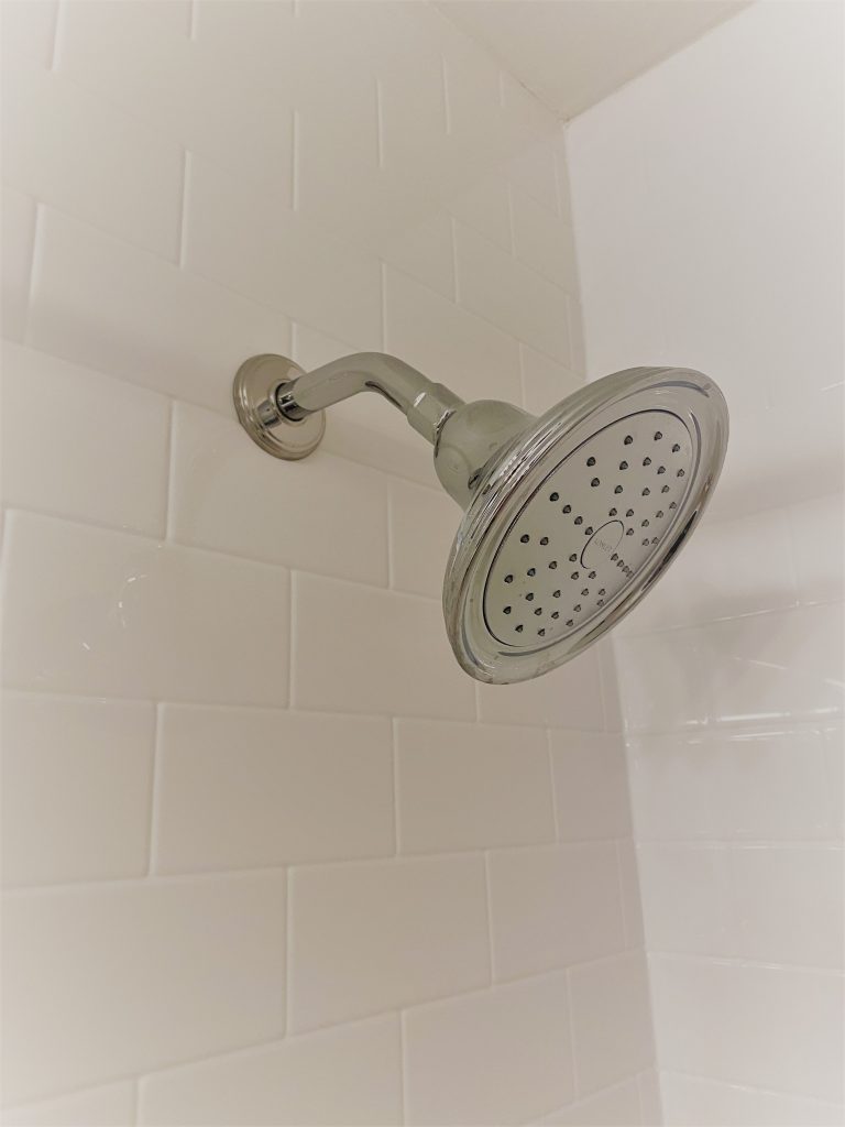 Dreamstyle remodeling white subway tile shower wall and Kohler showerhead in chrome