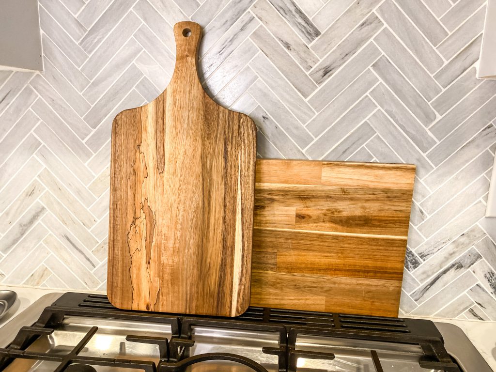 cutting boards from Target and IKEA used as kitchen counter decor
