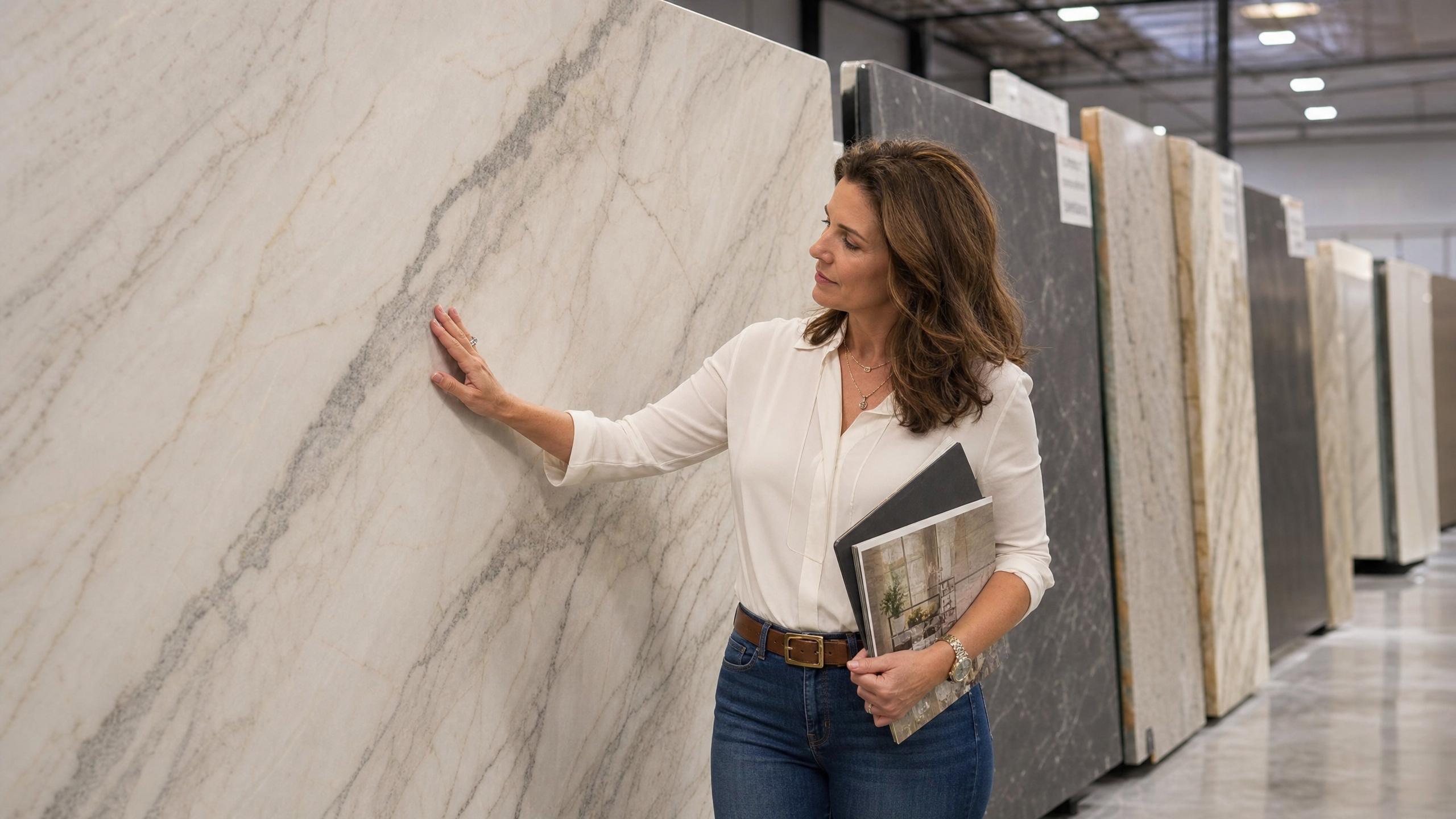 Interior designer examining a large Taj Mahal quartzite slab in a stone yard showroom