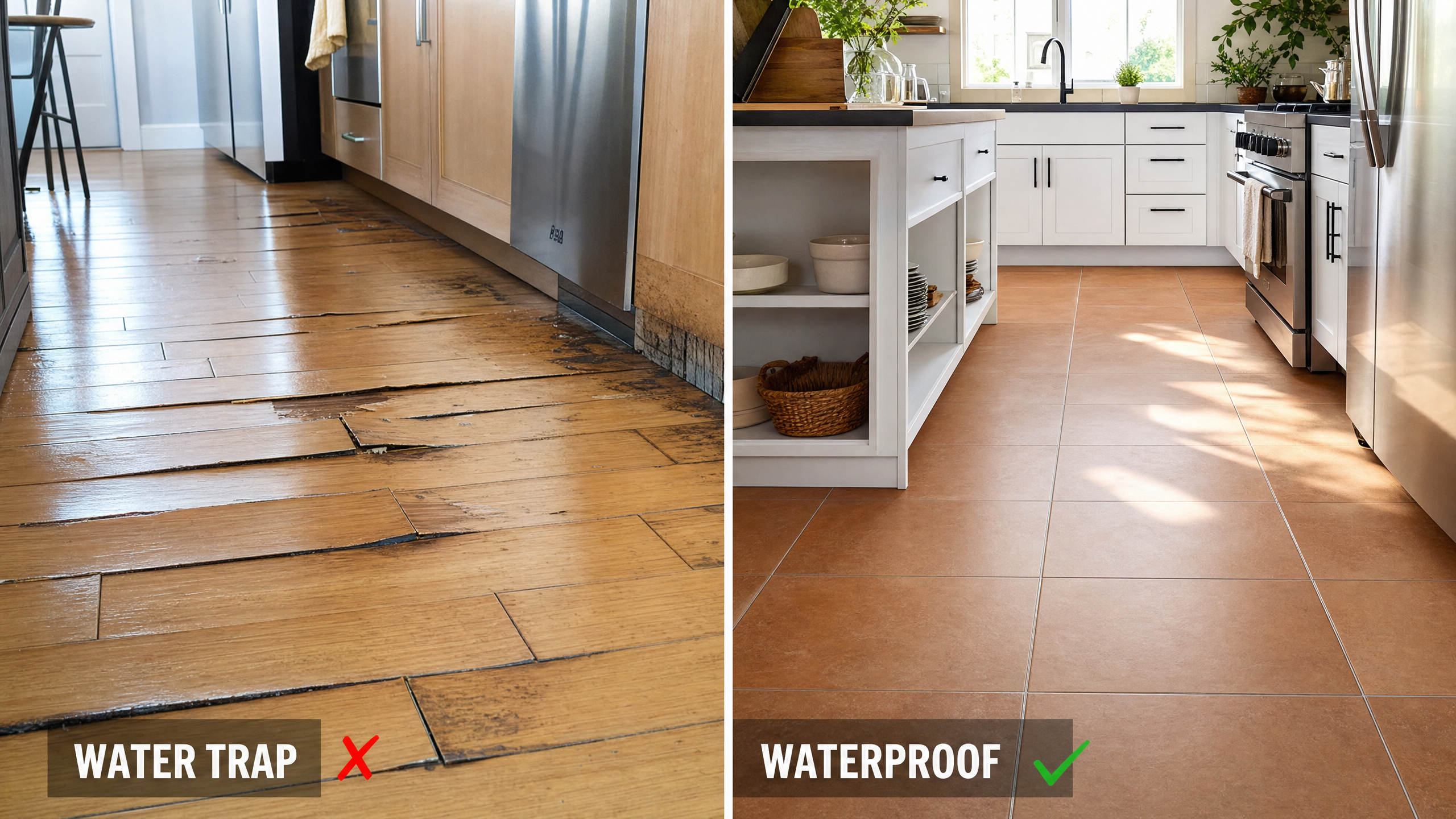 Split-scene comparison: water-damaged bamboo floor with swelling and dark stains on the left vs. a pristine modern kitchen with large-format warm porcelain tile flooring on the right.