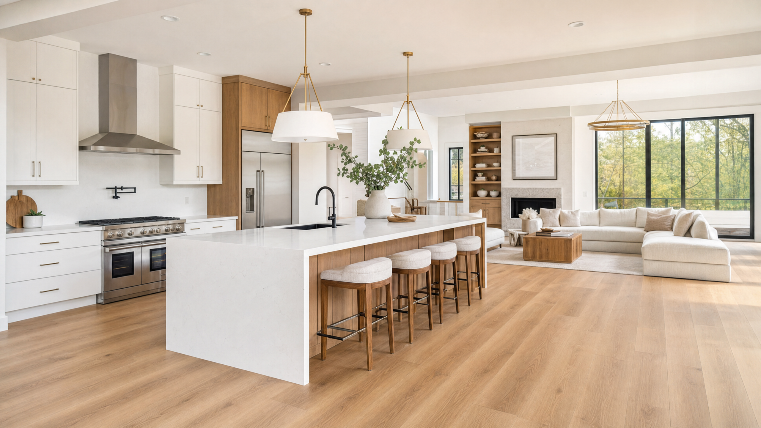 A stunning open-concept modern kitchen with wide-plank luxury vinyl plank (LVP) flooring in a warm honeyed oak tone, seamlessly flowing into the adjacent living room.