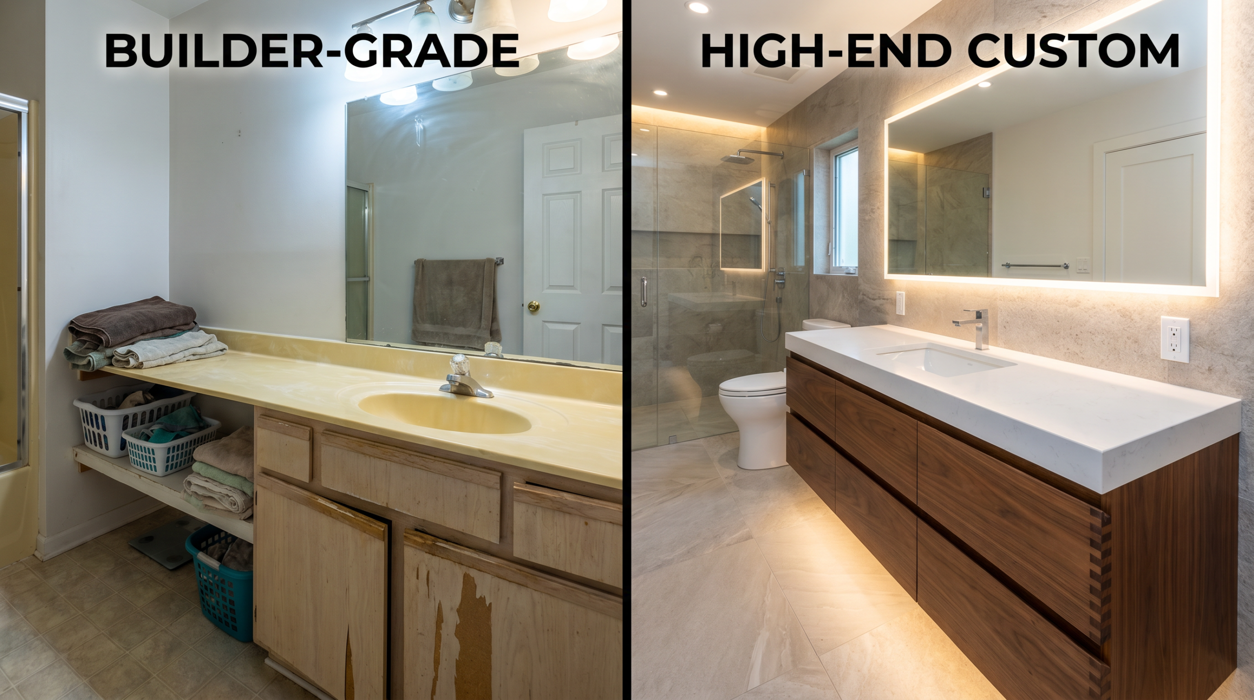 Comparison between a cheap particle board vanity and a high-quality solid wood vanity