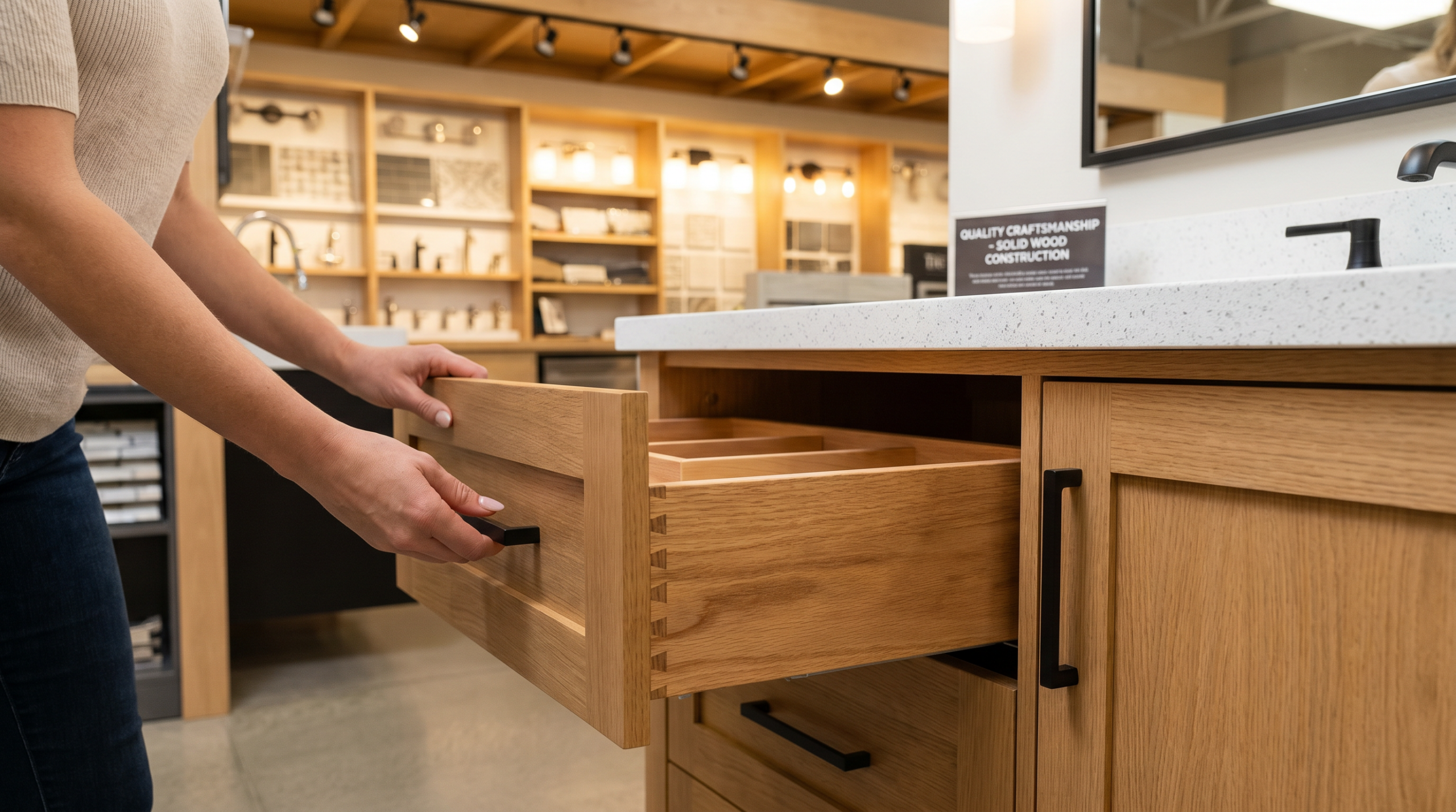 A woman testing the dovetail joints on a bathroom vanity drawer in a home improvement store