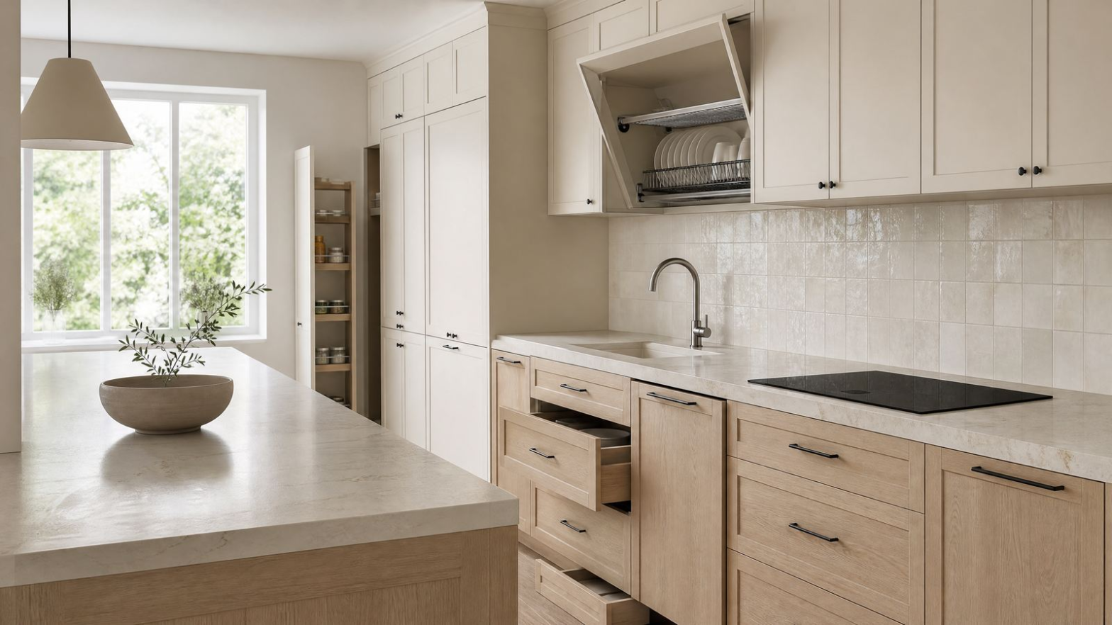 Warm organic modern kitchen with paneled appliances, slab cabinetry, induction cooking, and a window sink