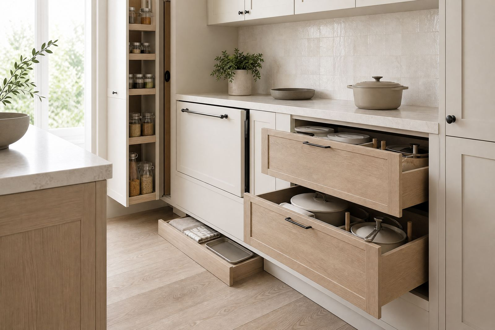 European-inspired kitchen with deep drawers, a pull-out pantry, toe-kick storage, and a raised dishwasher
